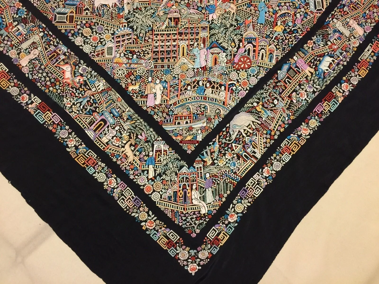 1143 SOLD Antique Double Sided Embroidery Manila Manton - Cantonese Embroidery Shawl - No Fringe