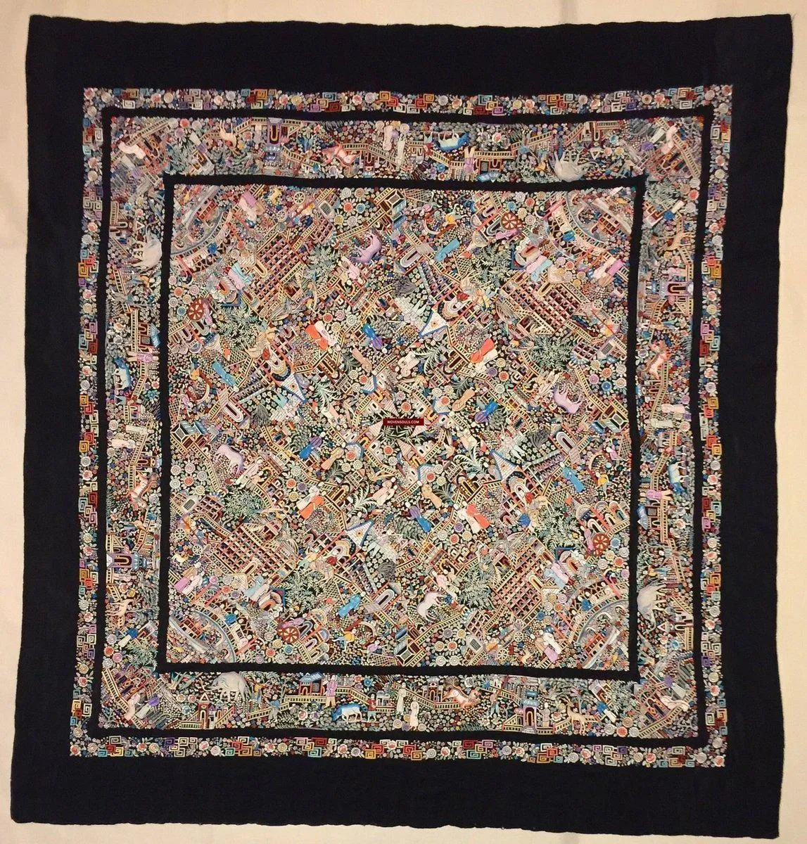 1143 SOLD Antique Double Sided Embroidery Manila Manton - Cantonese Embroidery Shawl - No Fringe