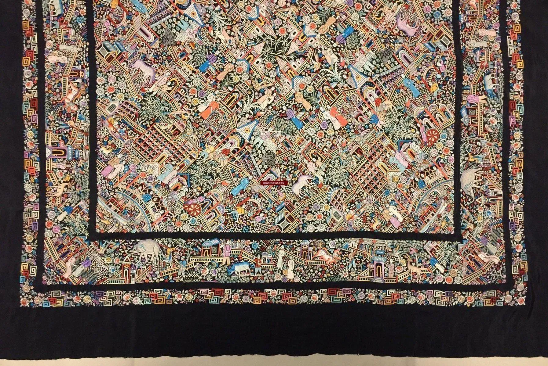 1143 SOLD Antique Double Sided Embroidery Manila Manton - Cantonese Embroidery Shawl - No Fringe