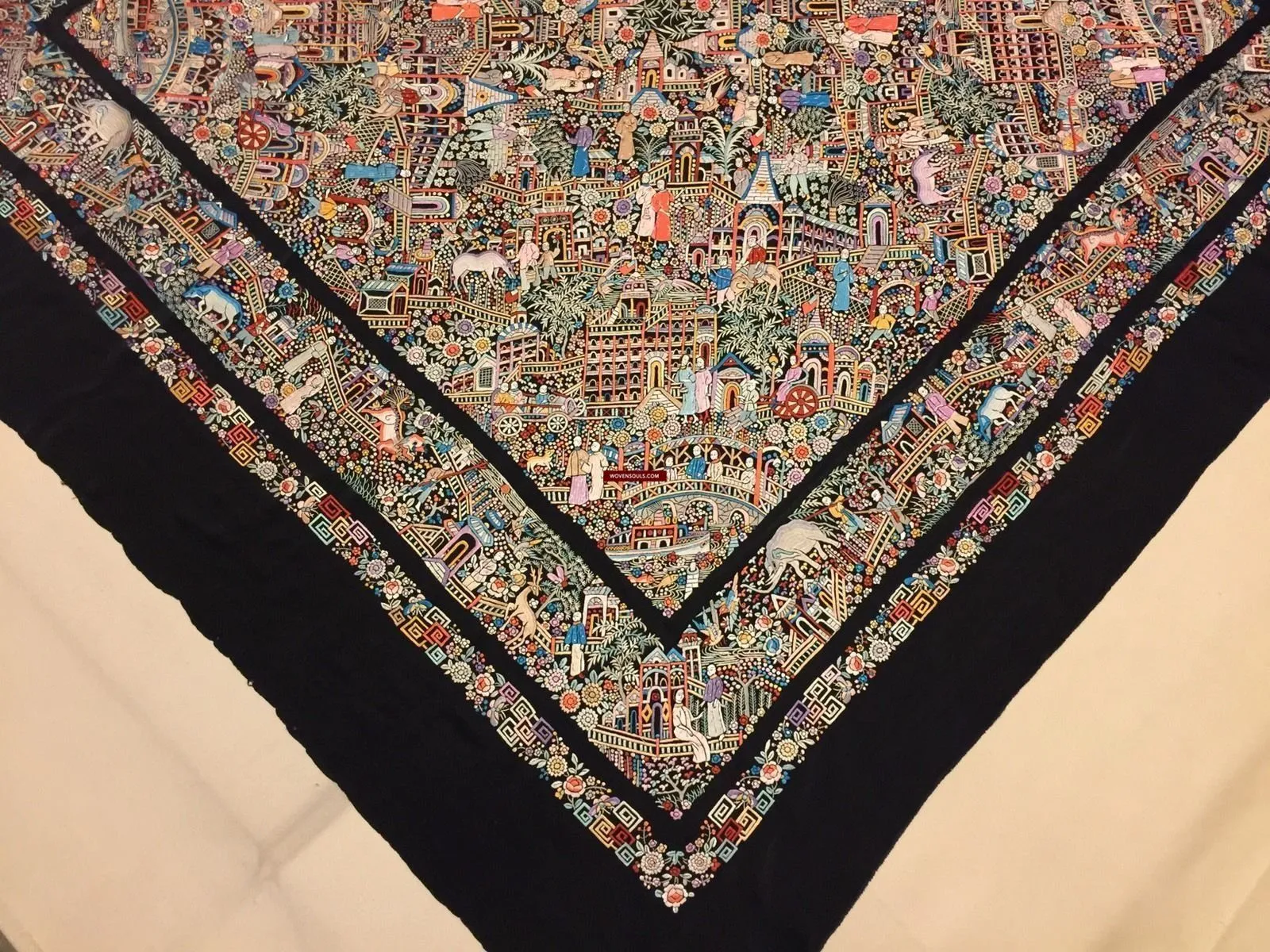 1143 SOLD Antique Double Sided Embroidery Manila Manton - Cantonese Embroidery Shawl - No Fringe