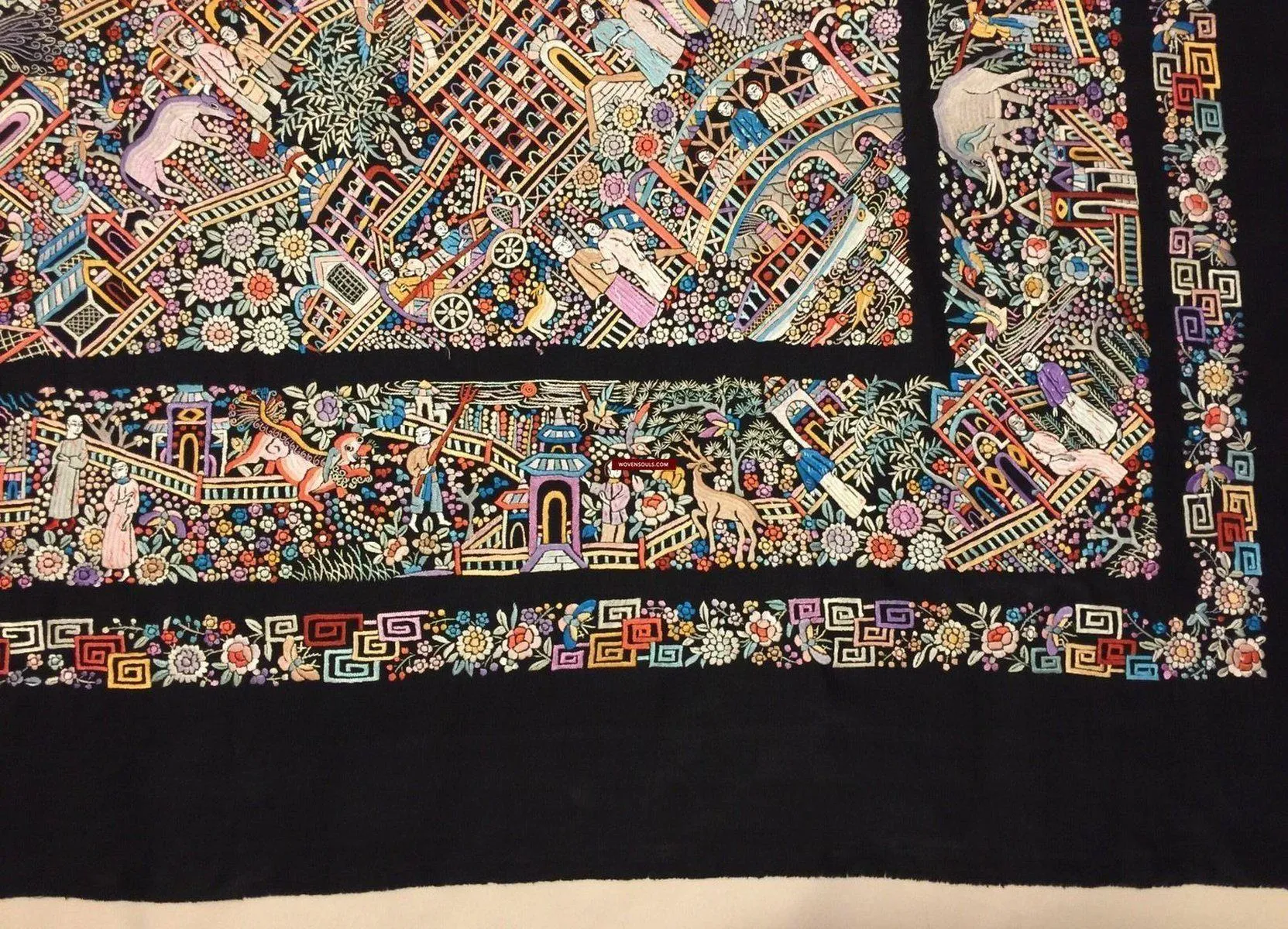 1143 SOLD Antique Double Sided Embroidery Manila Manton - Cantonese Embroidery Shawl - No Fringe