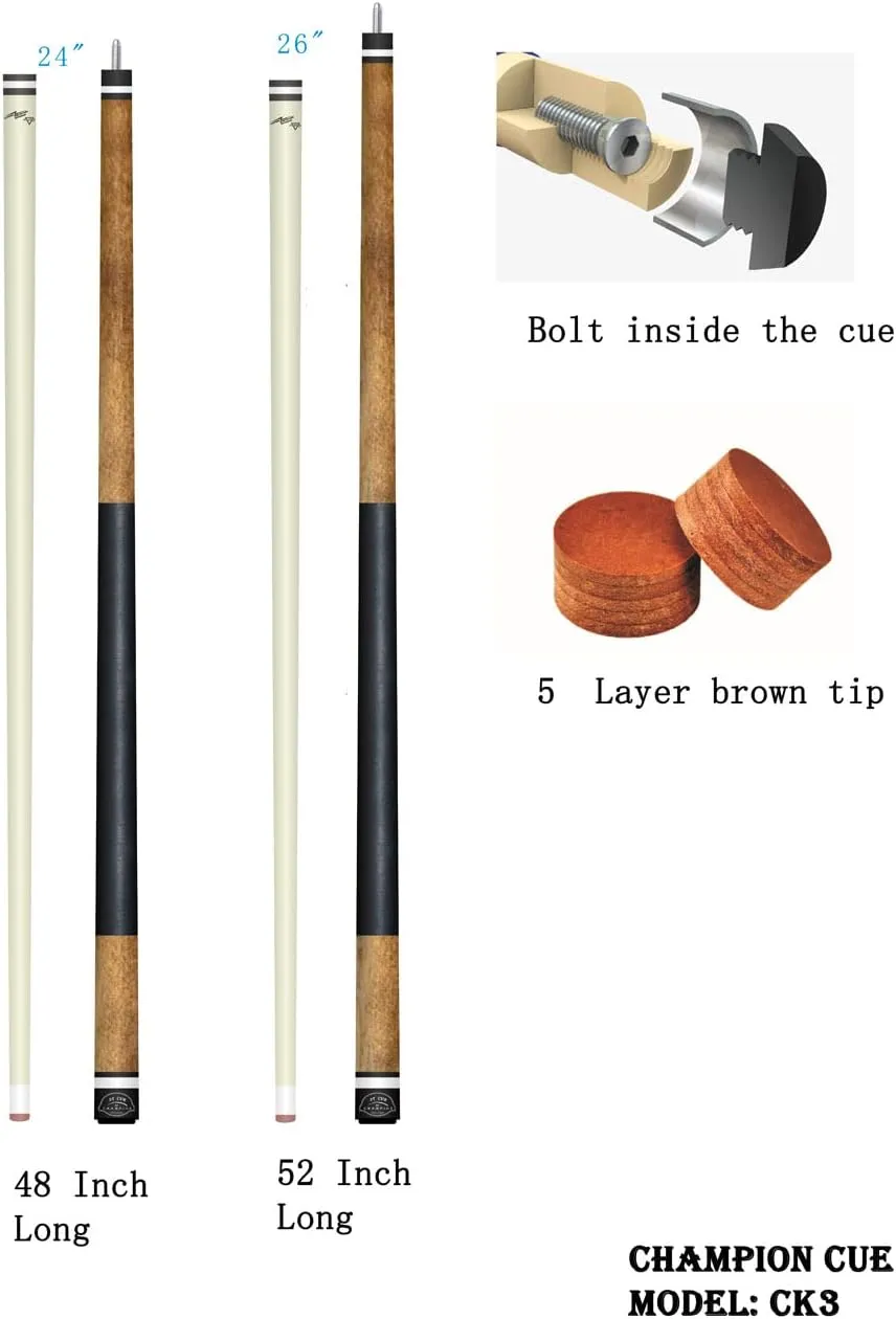 2022 New Champion Sport Co 42 inch, 48 inch or 52 inch Billiards Cue Stick Junior Size Cues