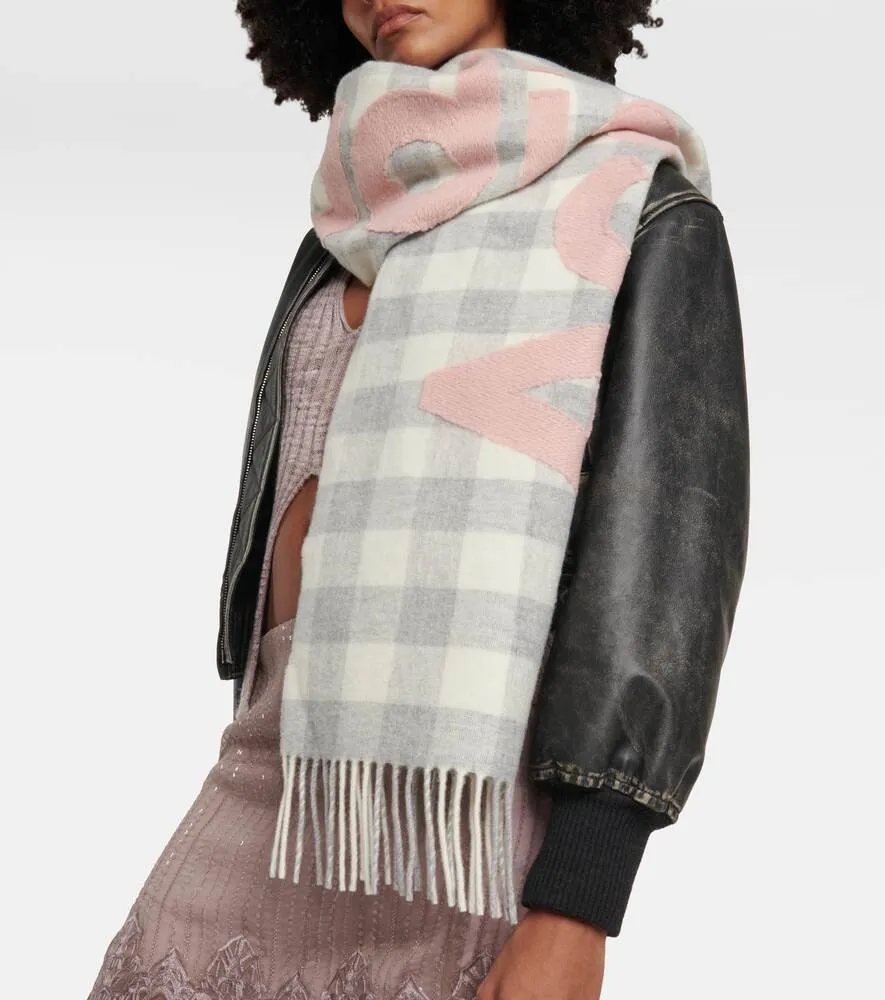 Acne Studios Logo Check Wool Blend Scarf, Gray