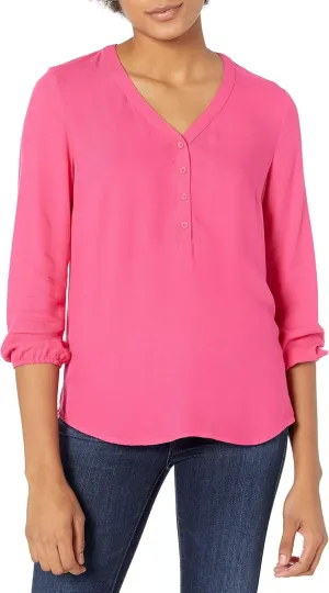 Amazon Essentials Women's 3/4 Sleeve Button Popover Shirt, Loose-Fit V-Neck Blouse