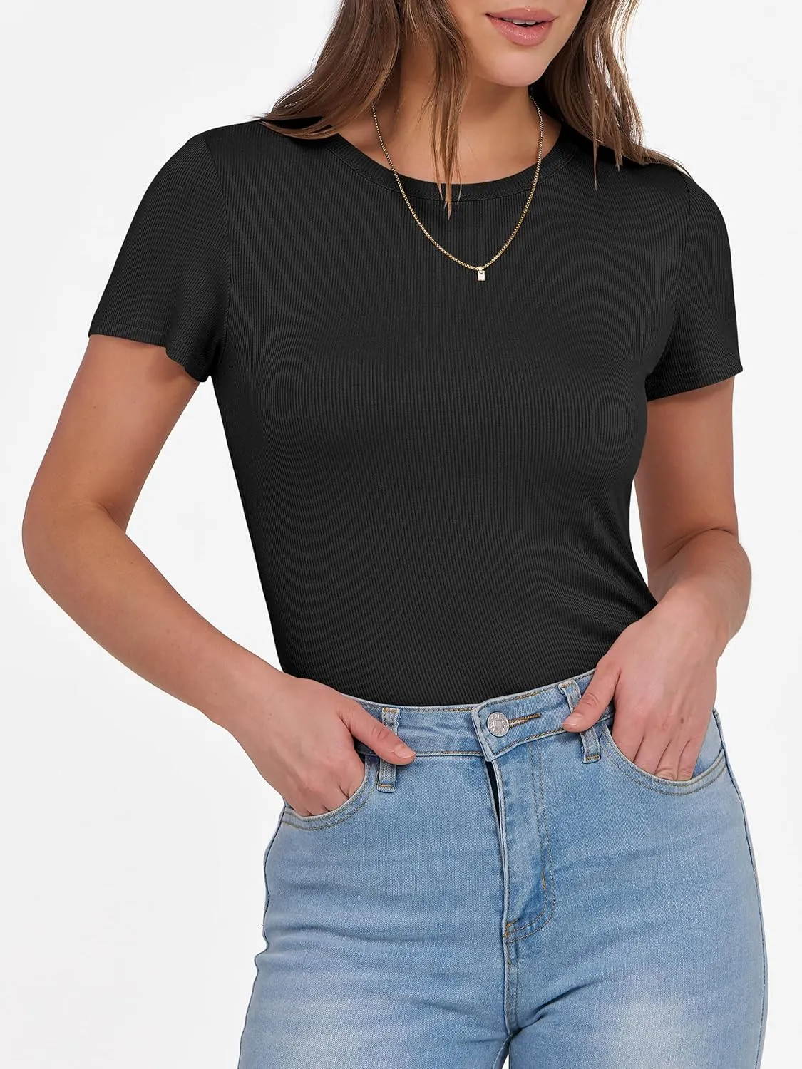 ANRABESS Women Short Sleeve Crewneck Ribbed Knit Slim Fitted Shirts Summer Tops Basic Tee T-Shirt Casual Spring 2025 Clothes