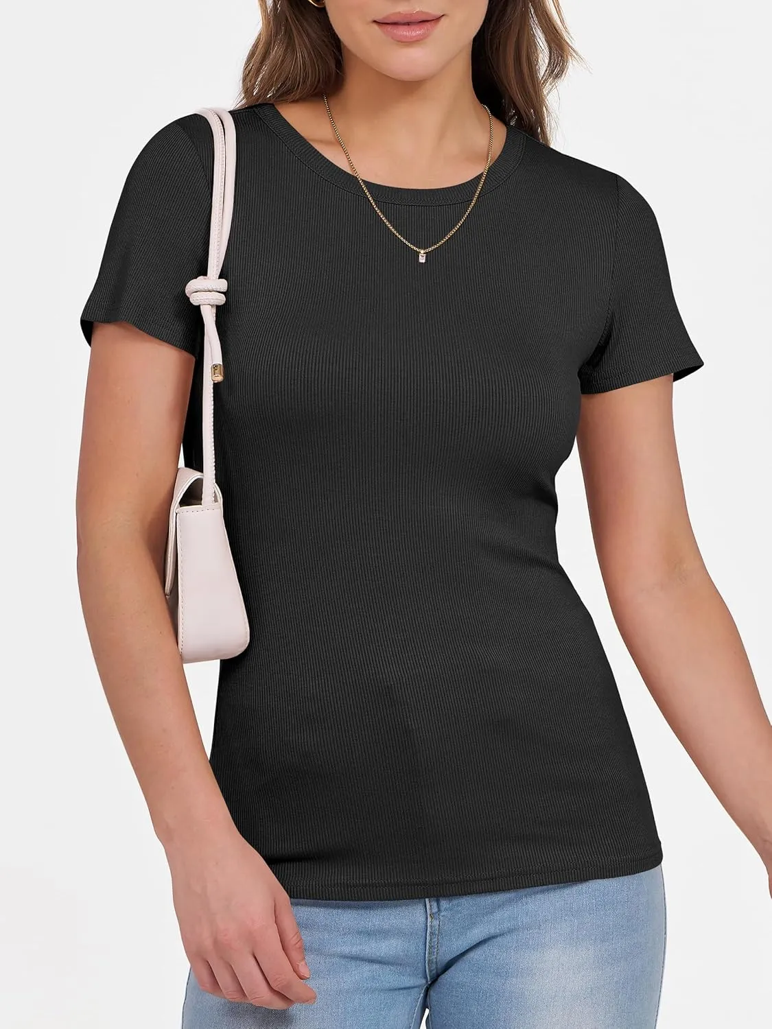 ANRABESS Women Short Sleeve Crewneck Ribbed Knit Slim Fitted Shirts Summer Tops Basic Tee T-Shirt Casual Spring 2025 Clothes