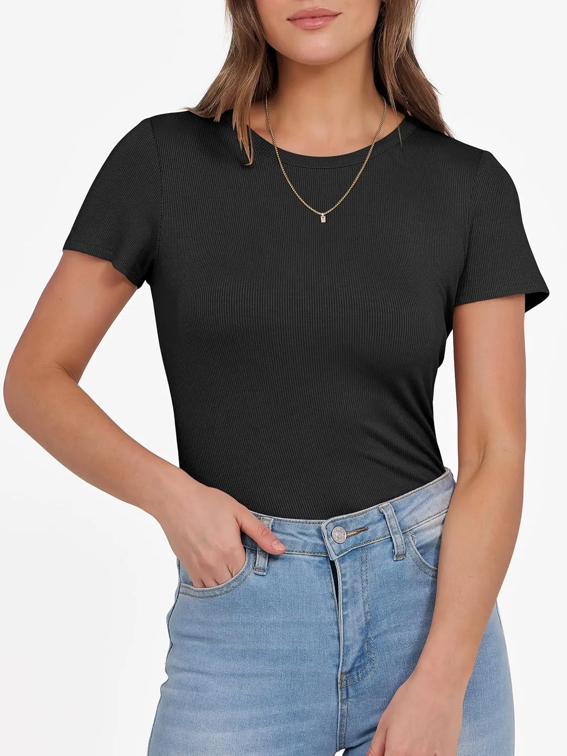 ANRABESS Women Short Sleeve Crewneck Ribbed Knit Slim Fitted Shirts Summer Tops Basic Tee T-Shirt Casual Spring 2025 Clothes