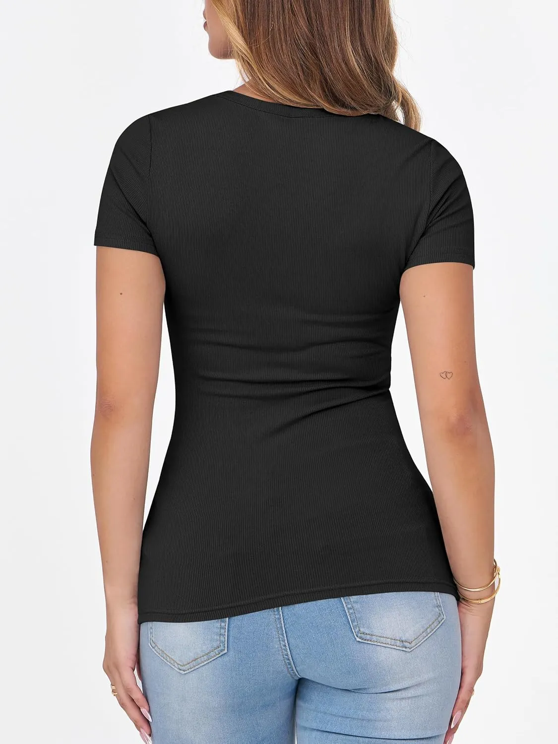 ANRABESS Women Short Sleeve Crewneck Ribbed Knit Slim Fitted Shirts Summer Tops Basic Tee T-Shirt Casual Spring 2025 Clothes