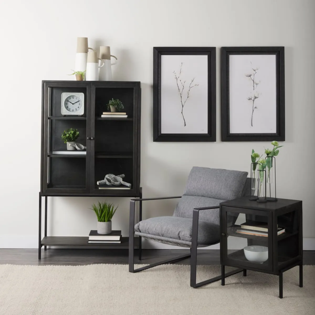 Arelius Cabinet Dark Brown Wood | Black Metal