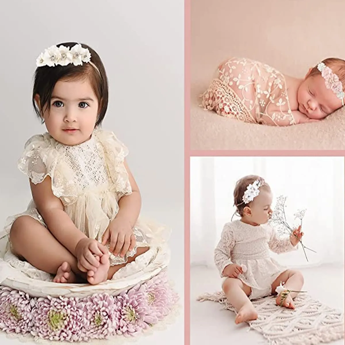 Baby Girl Floral Headband Nylon Flower Crown Elastic Hairband 3pcs Hair Accessories Gift for Girls (30#)