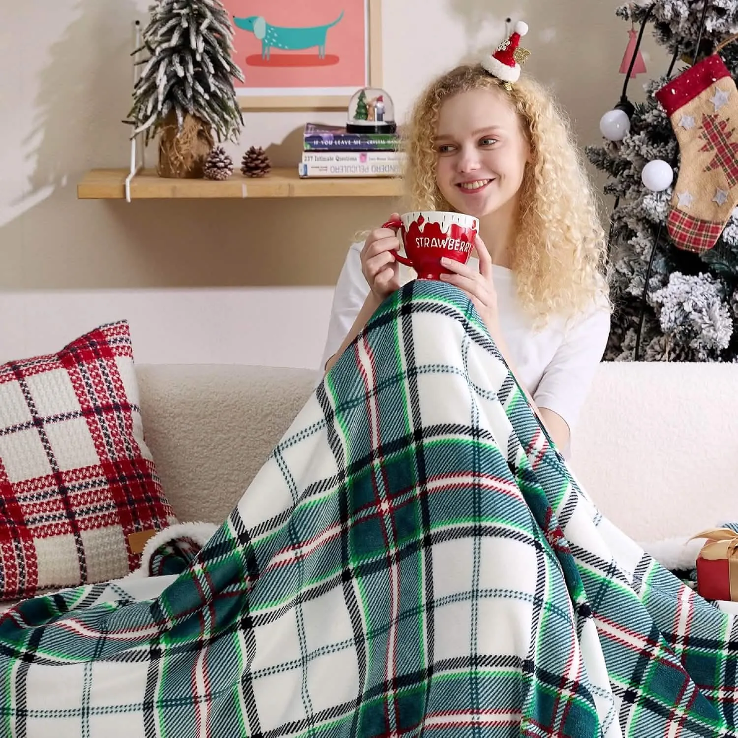 Bedsure Printed Throw Sherpa Blanket christmas Green