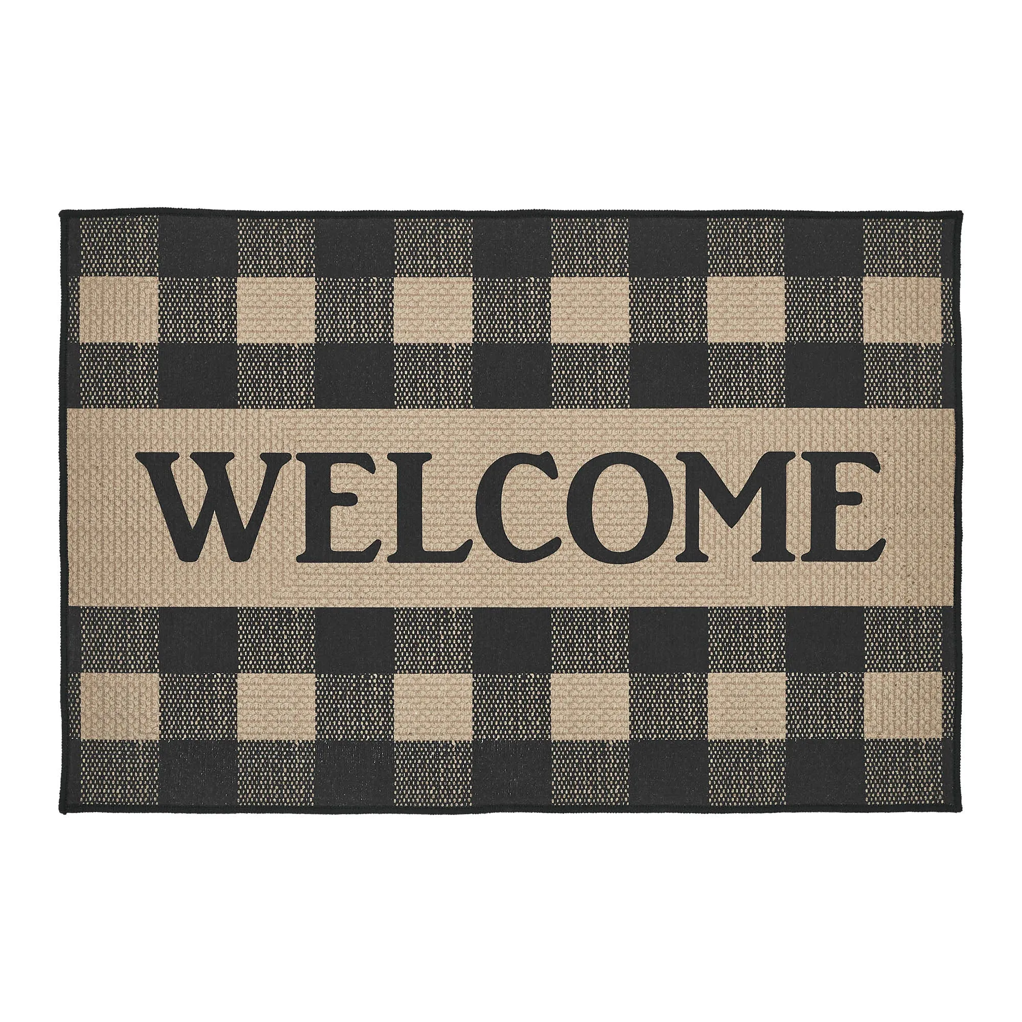 Black Check Welcome Polyester Rug Rect 24x36