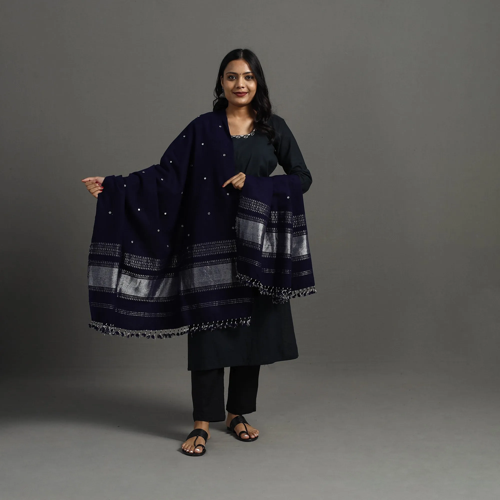 Blue - Kutch Zari Hand Embroidery Mirror Work Woollen Shawl 131