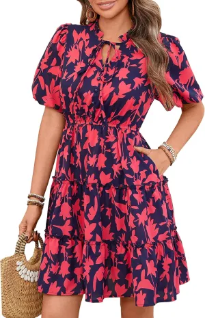 BTFBM Women Summer Floral Short Dresses V Neck Short Sleeve Tiered Ruffle Boho Swing Dress A-Line Mini Dresses