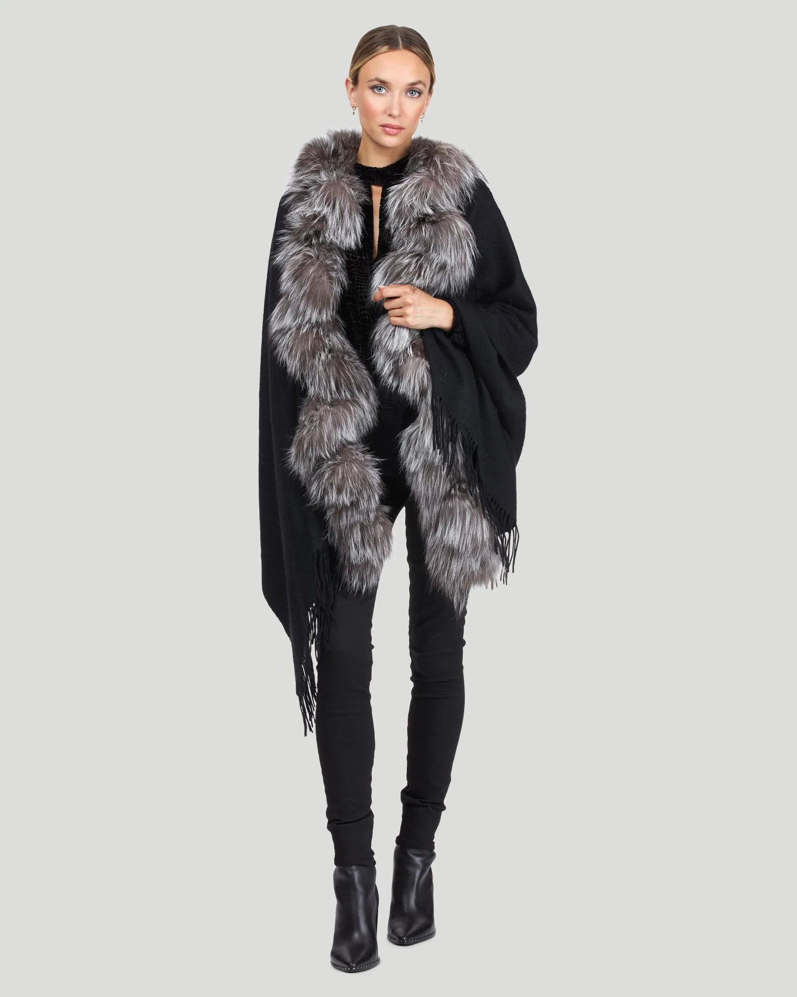 Cashmere Stole with Silver Fox and Cashmere Fringes