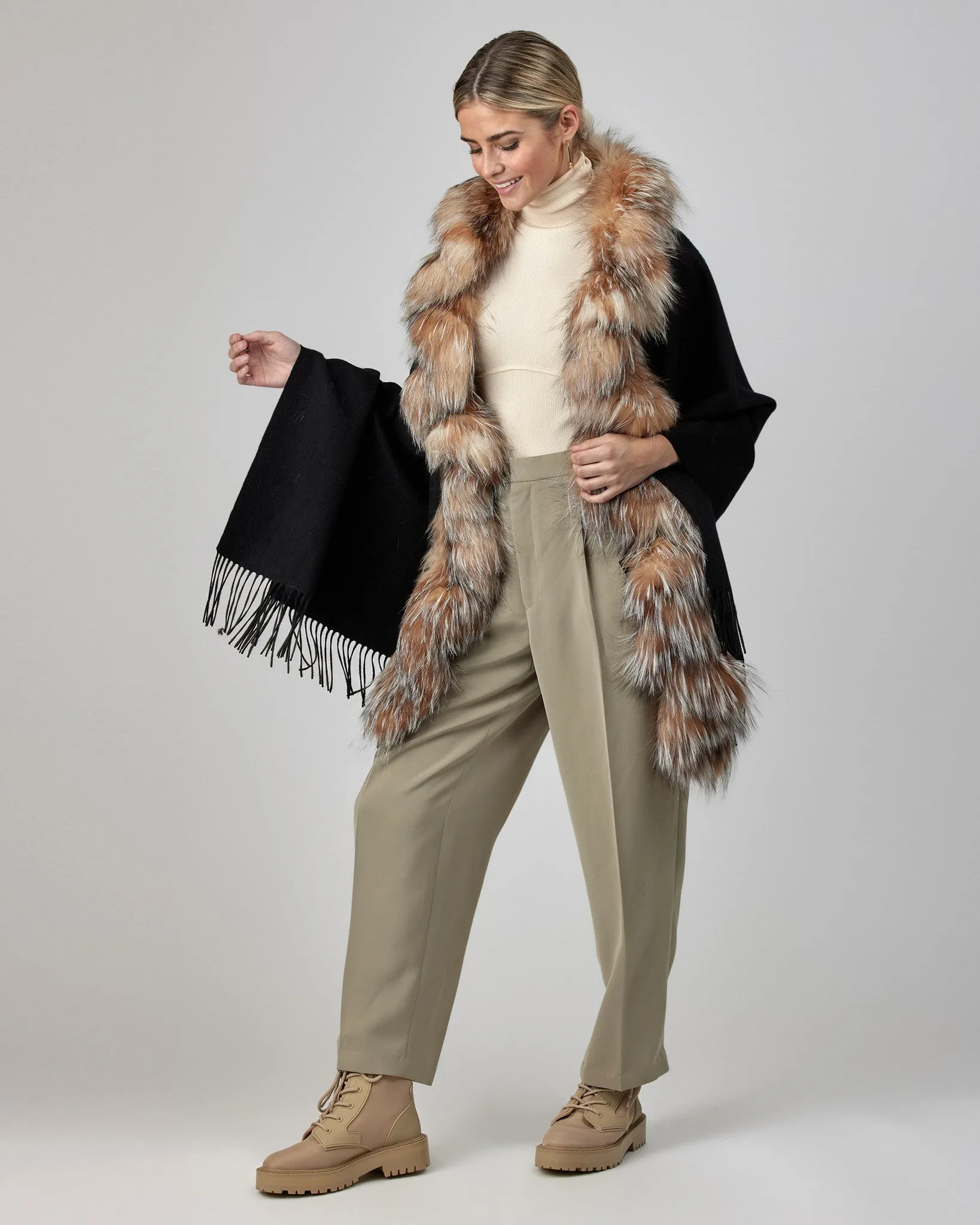 Cashmere Stole with Silver Fox and Cashmere Fringes