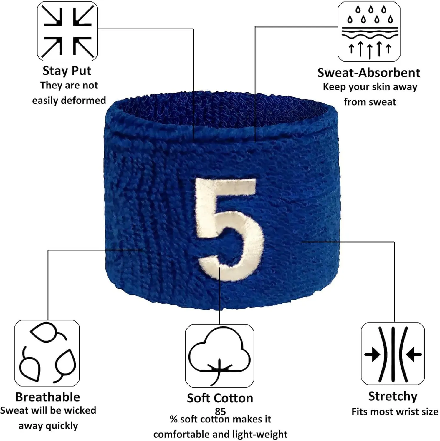 Couver Unisex Blue Sports/Athletic with Number Embroidery Sweat Wristband, One Size, 1 Piece