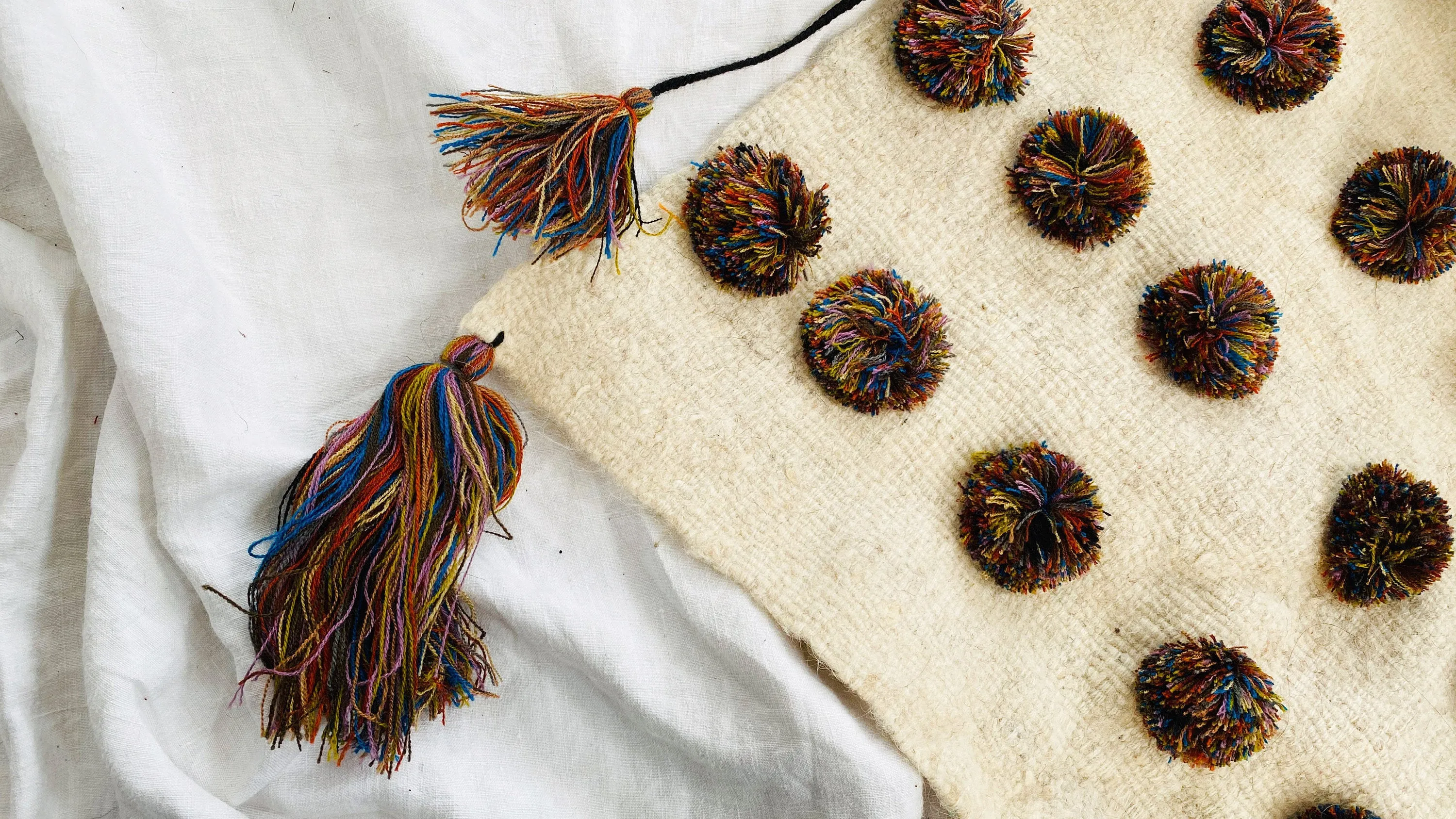 Earth Tones Wool Shawl. Pom Poms & Tassels. Mayan. Chamula. Mexico