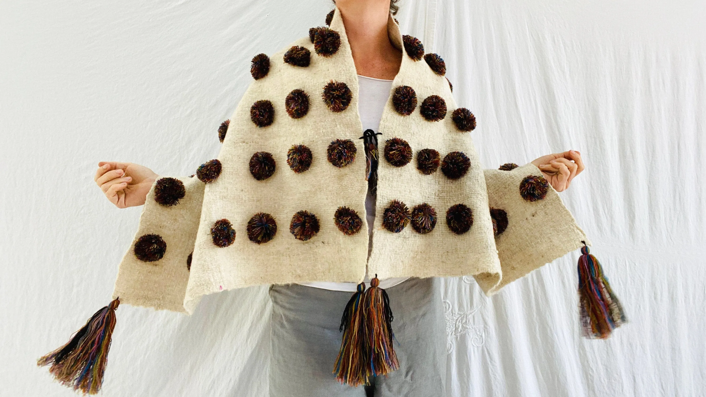 Earth Tones Wool Shawl. Pom Poms & Tassels. Mayan. Chamula. Mexico