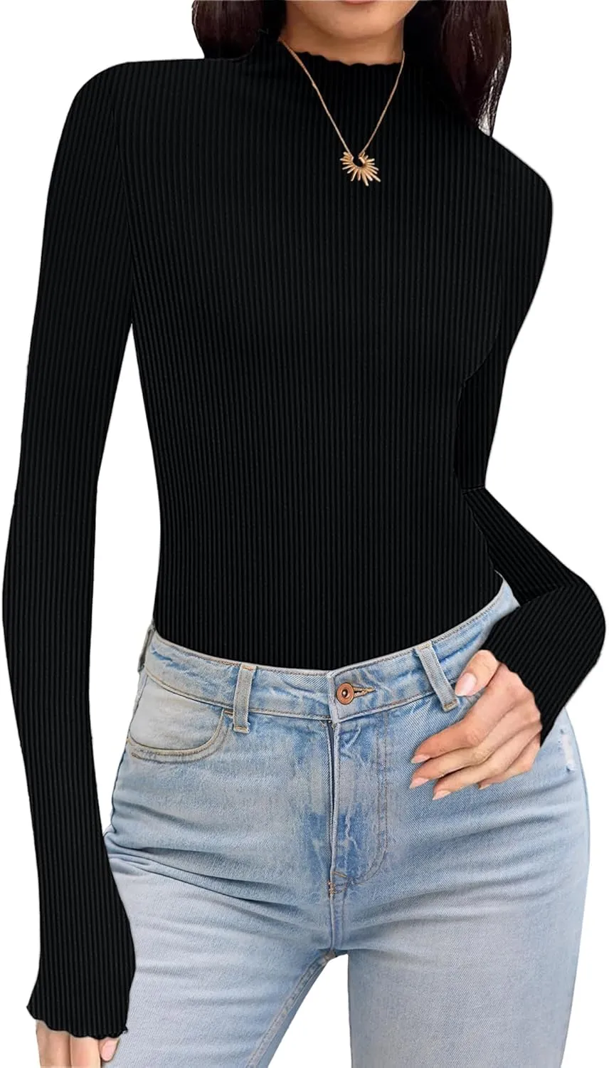 Ekouaer Turtleneck Shirt Women Ribbed Long Sleeve Shirts Lettuce Trim Mock Neck Tops Slim Fit Base Layer