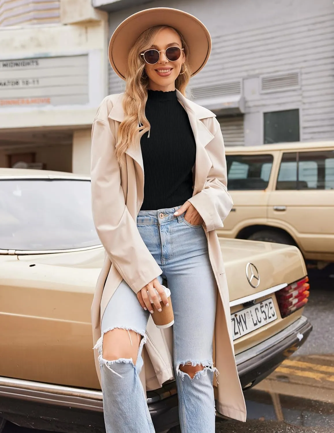 Ekouaer Turtleneck Shirt Women Ribbed Long Sleeve Shirts Lettuce Trim Mock Neck Tops Slim Fit Base Layer