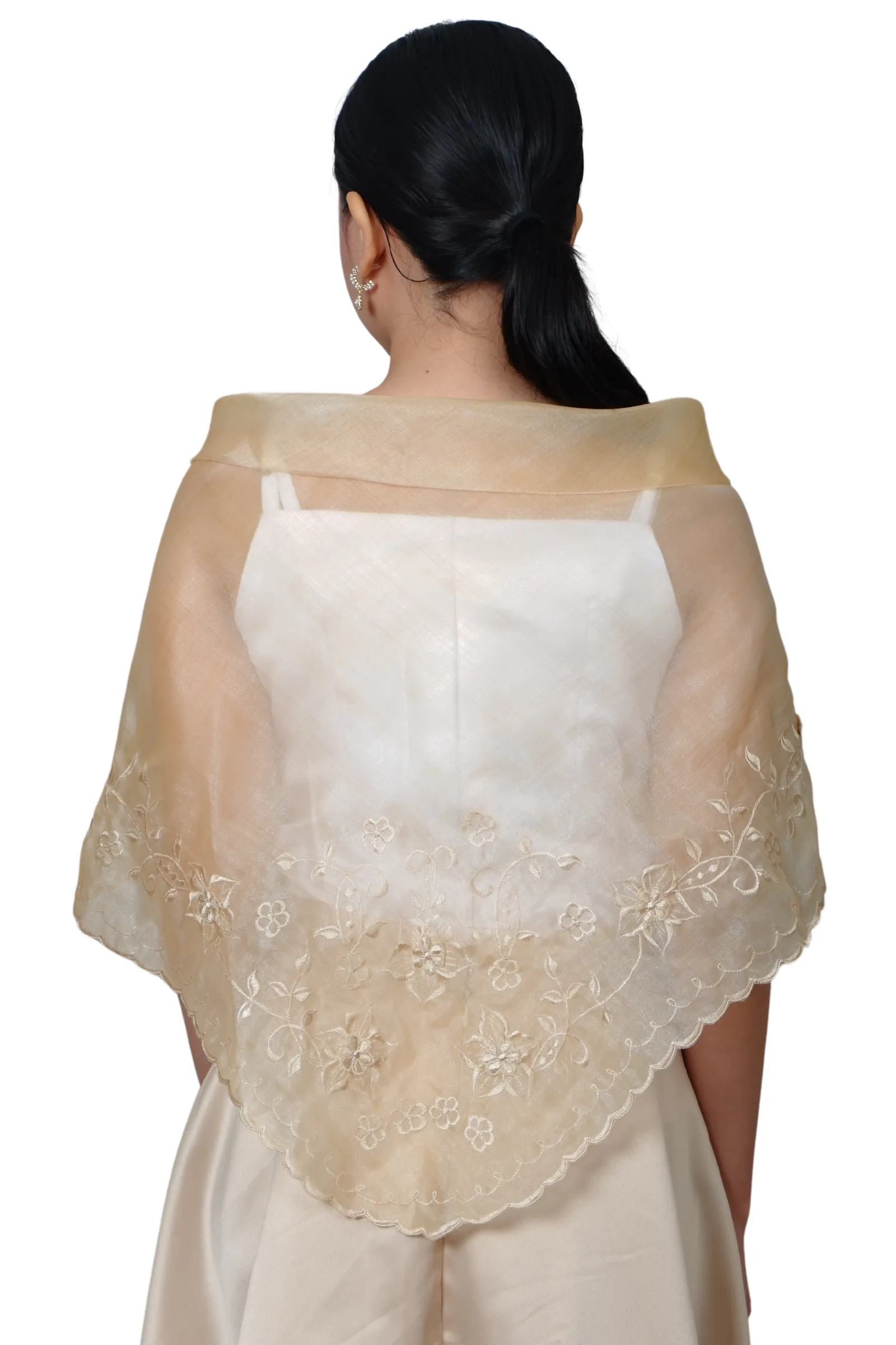 Filipiniana Organza Premium Beige Alampay with Brooch - Hannah JK20B