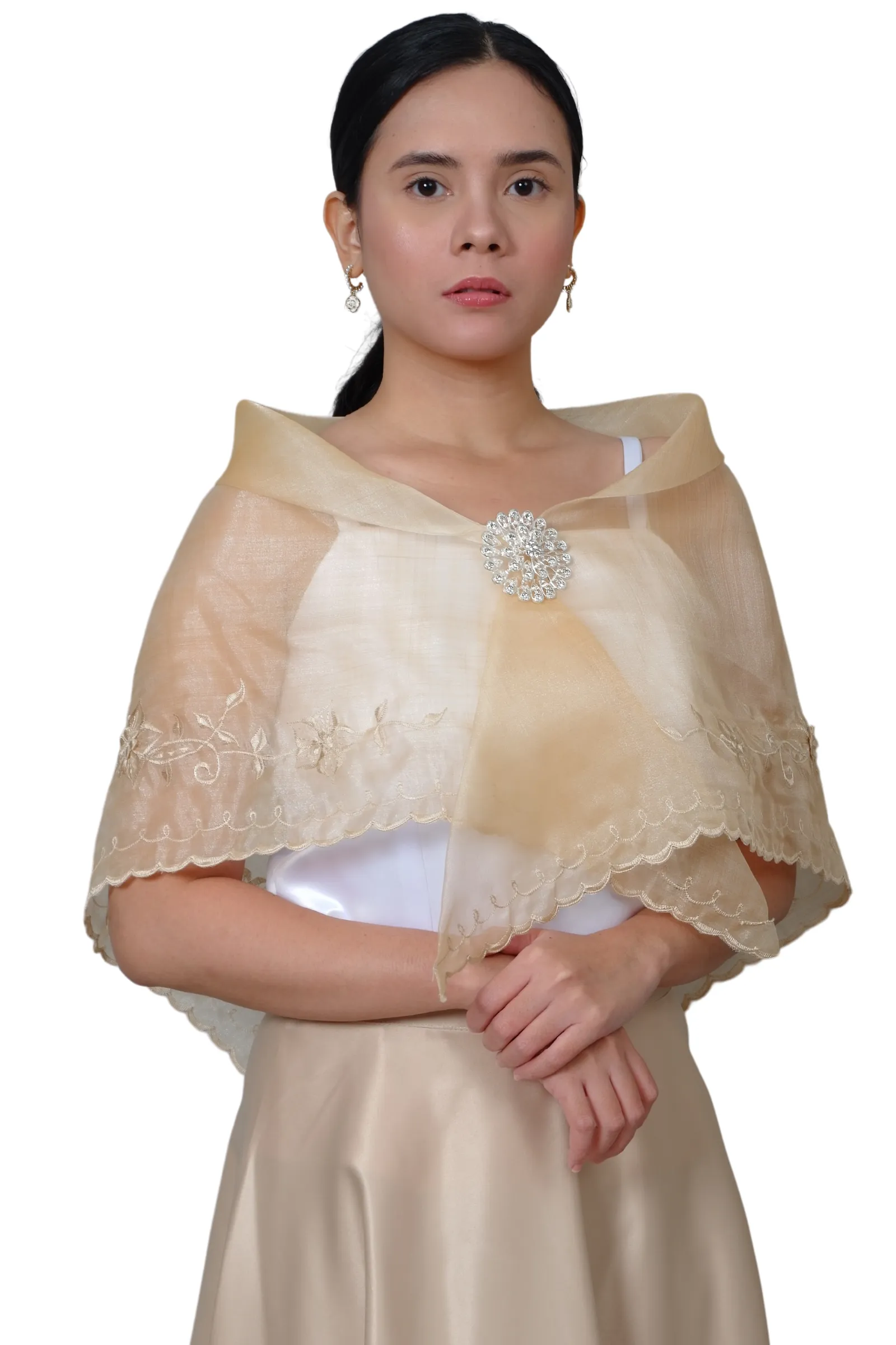 Filipiniana Organza Premium Beige Alampay with Brooch - Hannah JK20B