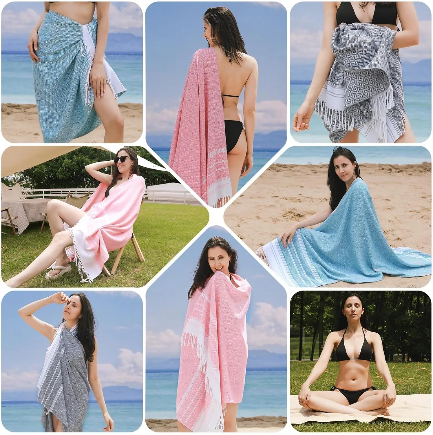Genovega Oversized Turkish Beach Towels 74"x38" Thin Quick Dry Sand Free Pool Swim Bathing Towel Extra Large Blanket Adult Travel Essentials Cruise Accessories Must Haves Summer Light Blue Stuff