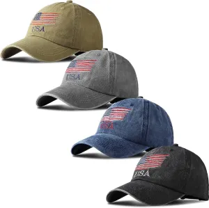 Geyoga 4 Pieces USA Hat Mens Hats Baseball Cap American Flag Baseball Cap for Men Women USA Flag American Tactical Washed Distressed Multicoloured