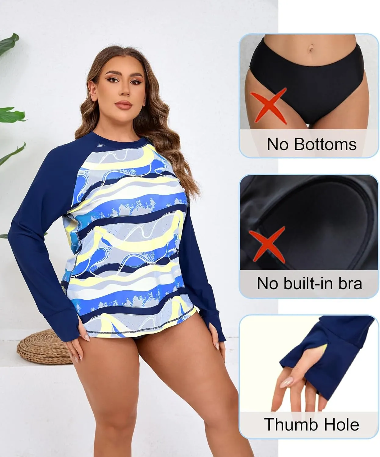 Halcurt Women Plus Size Rash Guard with Thumb Hole Long Sleeve Swim Shirt UPF50  Swimsuit Top