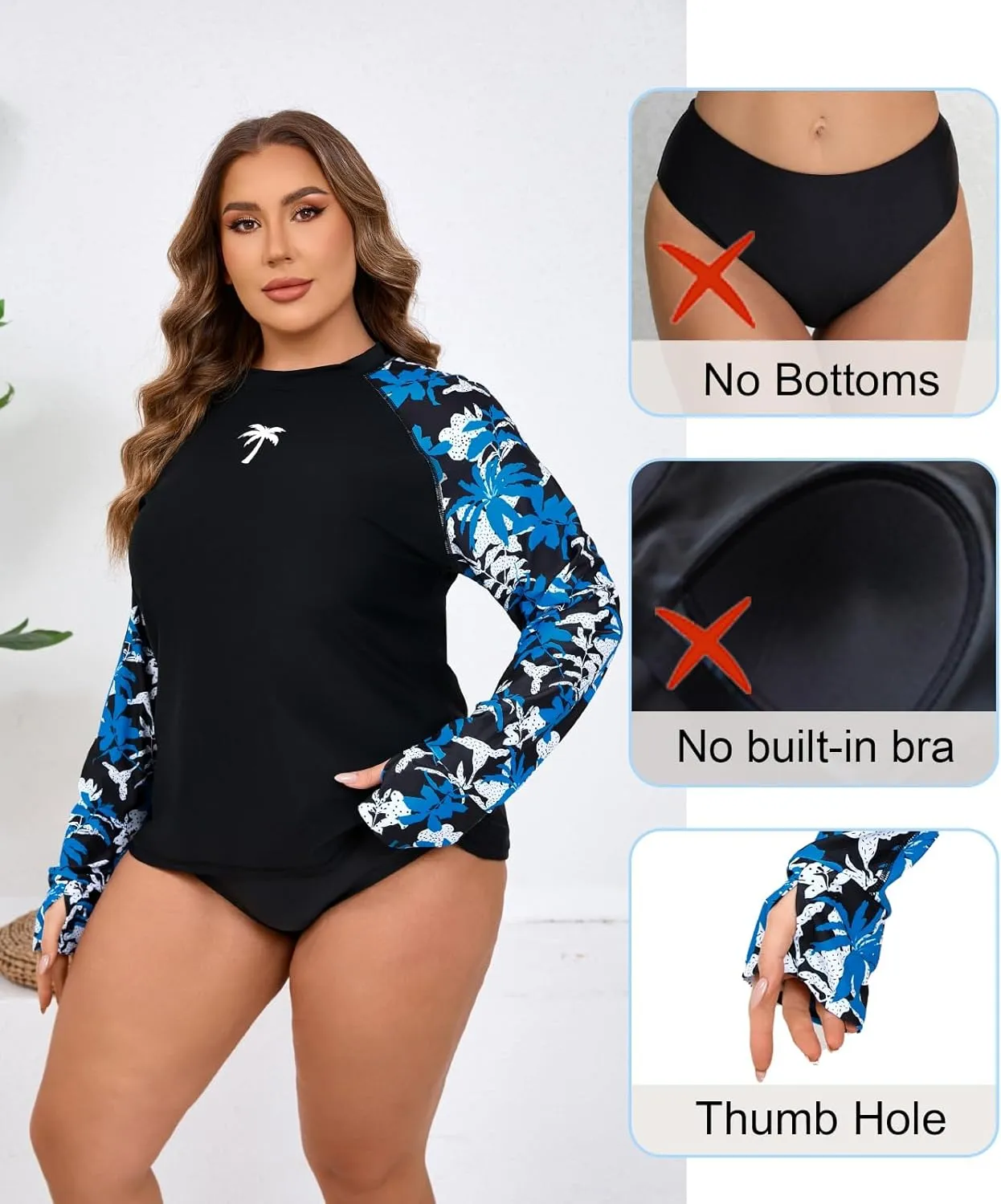 Halcurt Women Plus Size Rash Guard with Thumb Hole Long Sleeve Swim Shirt UPF50  Swimsuit Top