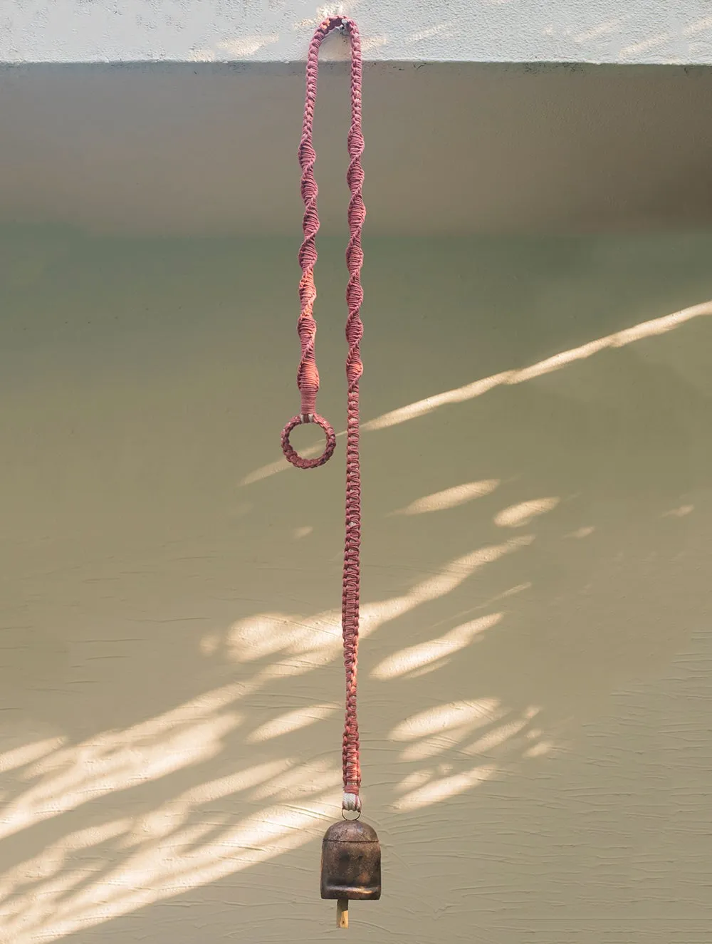 Handknotted Macramé Hanging Copper Bells 3.5" - Rose Pink (80")
