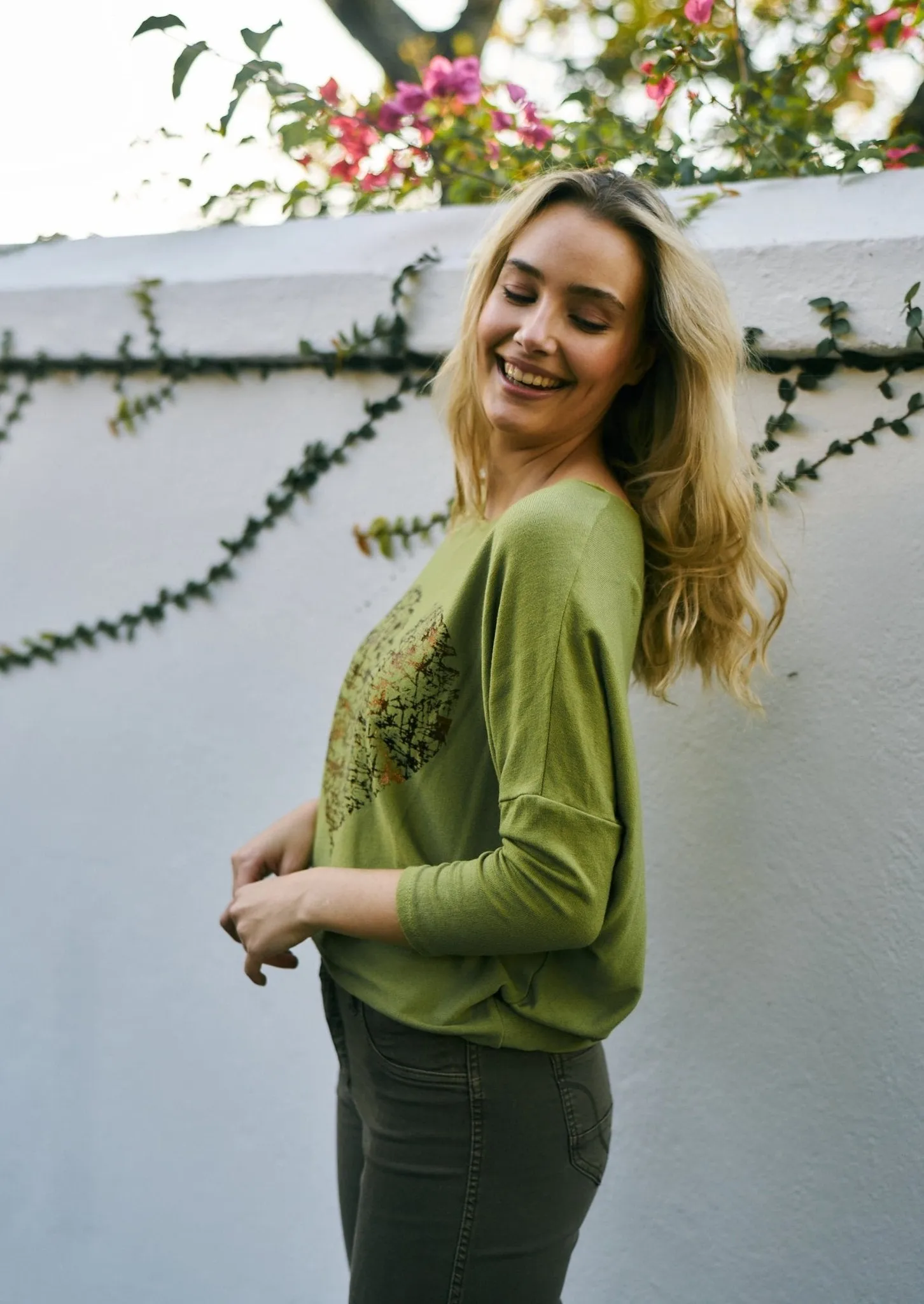 Italian V Neck Viscose Knit With Foil Heart in Green