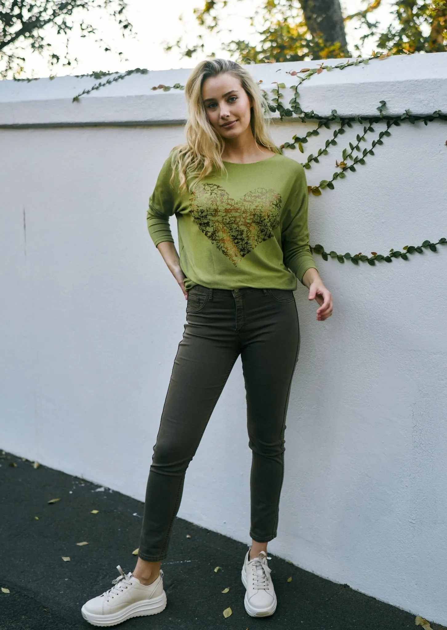 Italian V Neck Viscose Knit With Foil Heart in Green