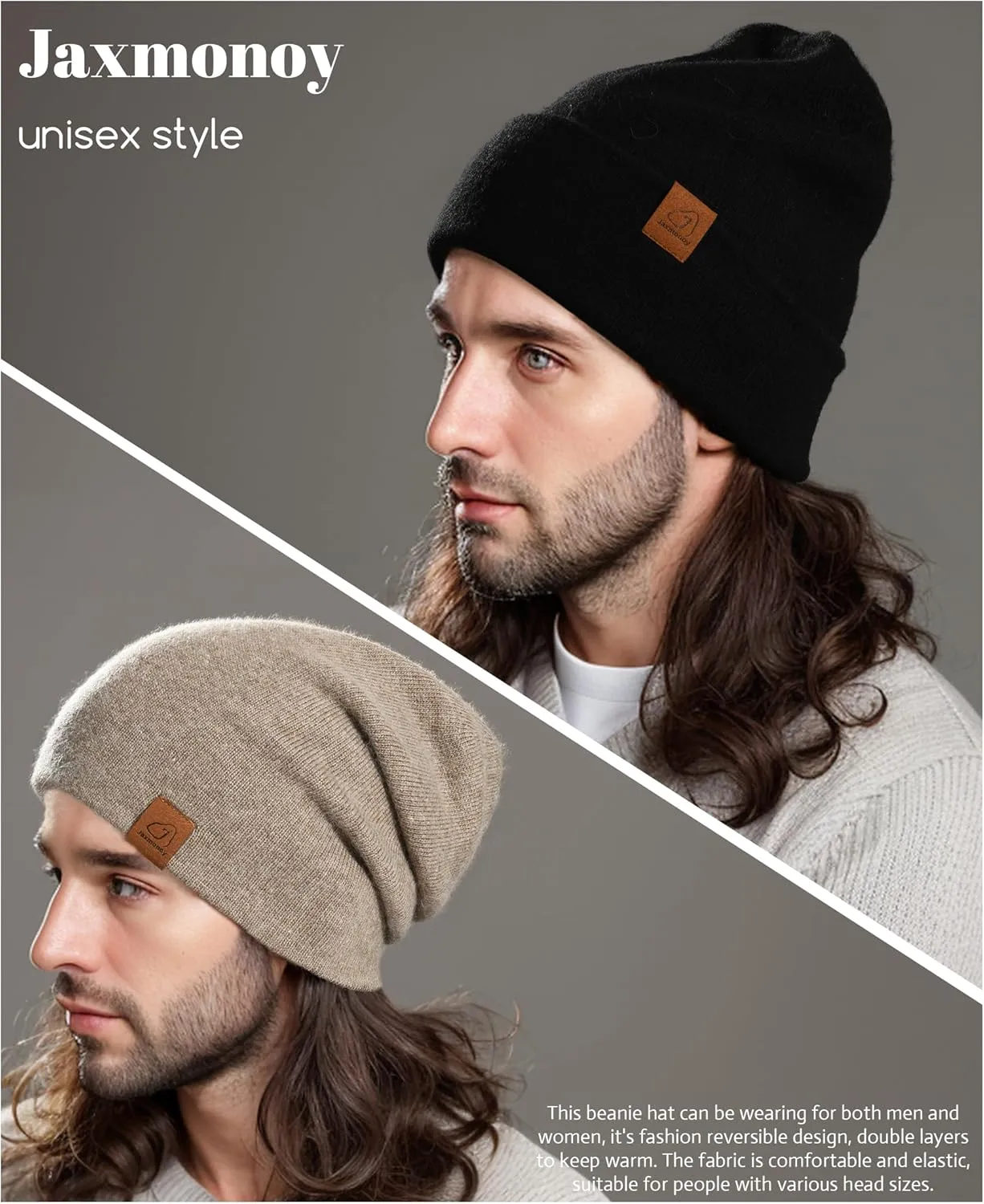 jaxmonoy Slouchy Knit Beanies Winter Hats for Women Men Soft Warm Reversible Slouch Cuffed Skull Knitted Beanie Cap