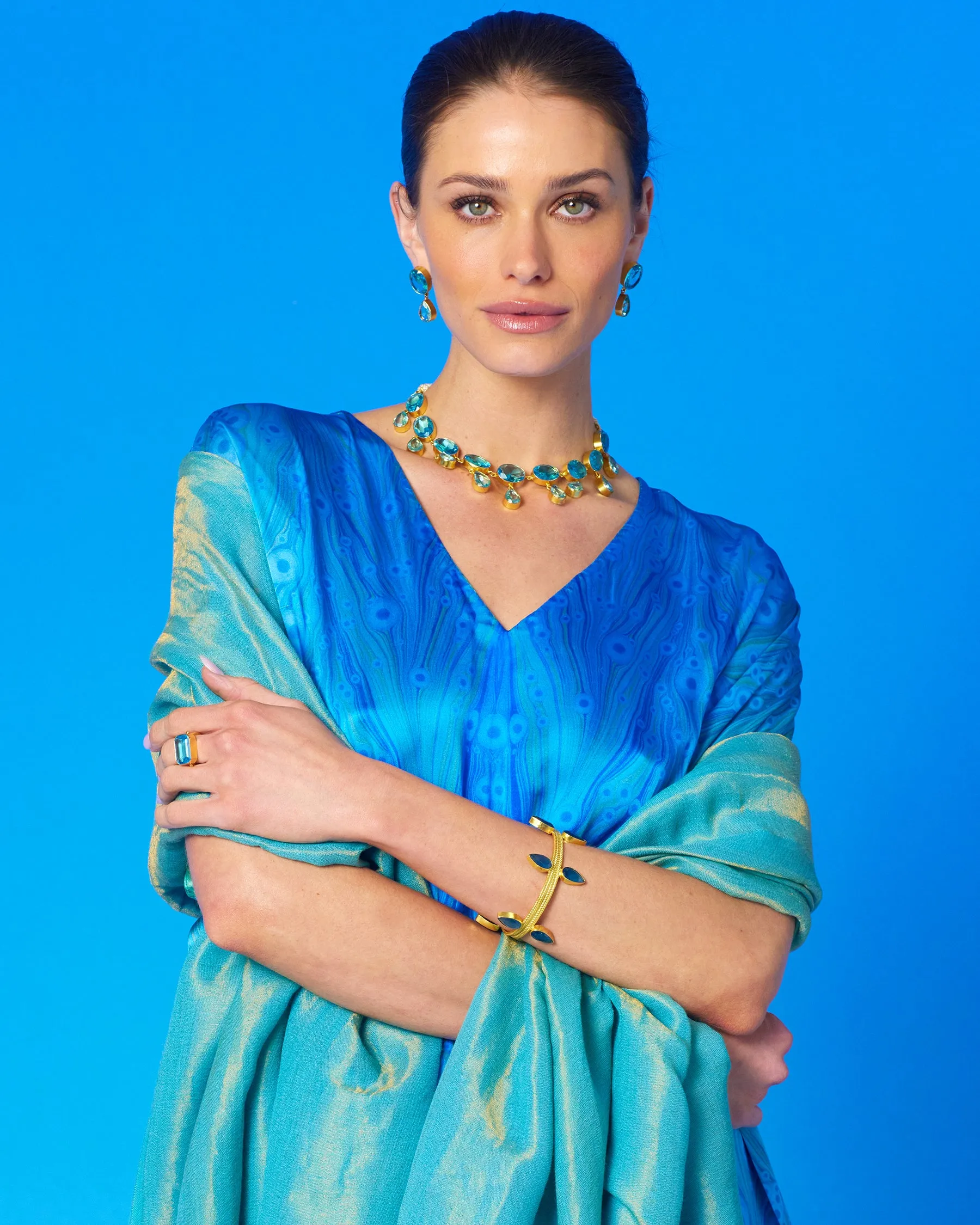 Josephine Reversible Pashmina Shawl in Gold Shimmer Turquoise