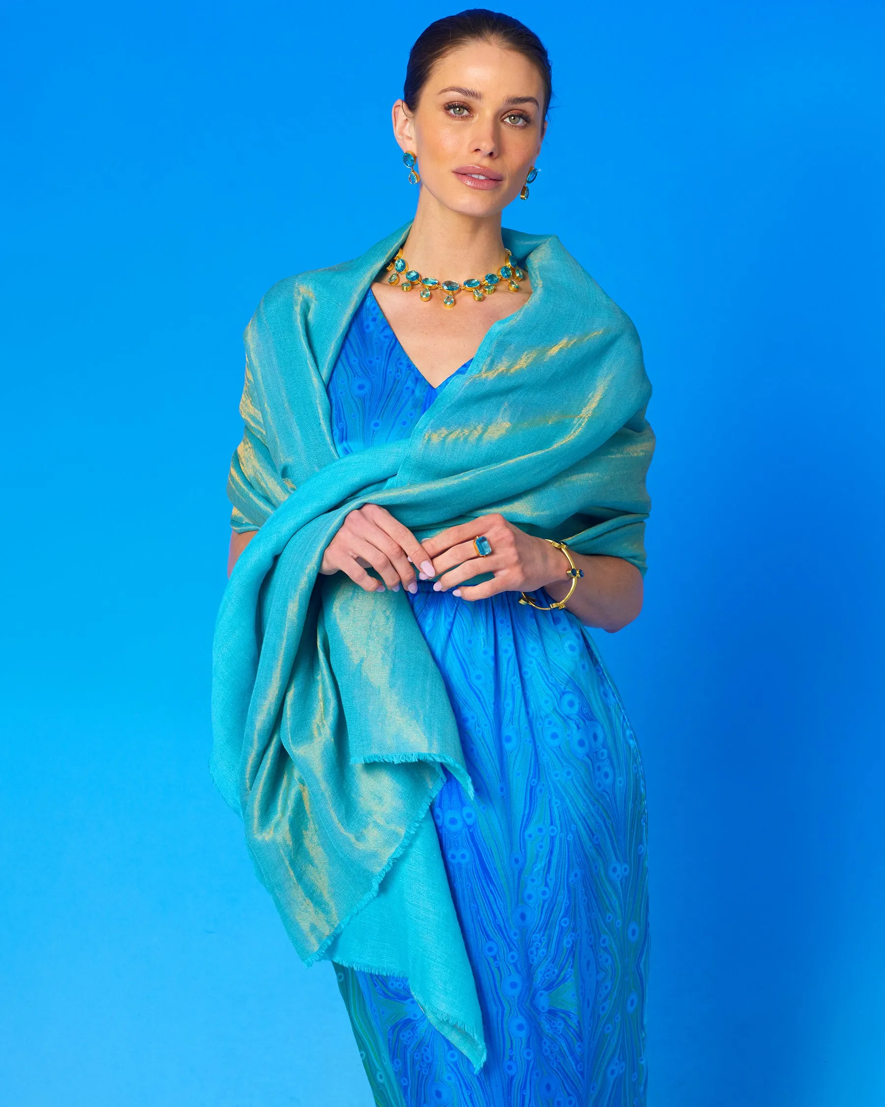 Josephine Reversible Pashmina Shawl in Gold Shimmer Turquoise