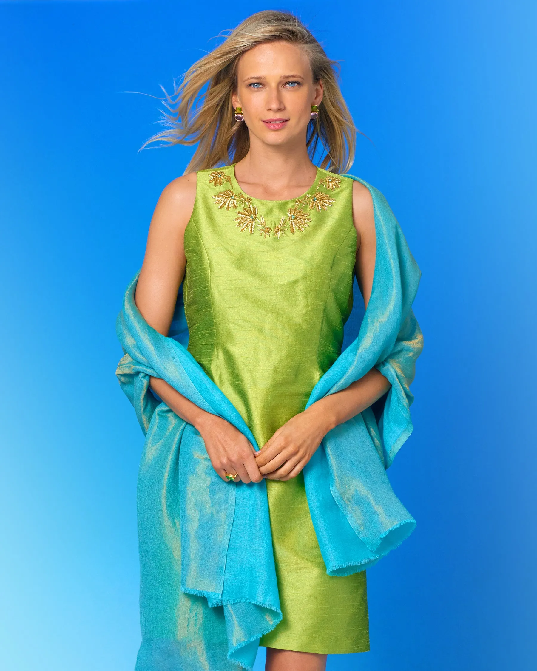 Josephine Reversible Pashmina Shawl in Gold Shimmer Turquoise
