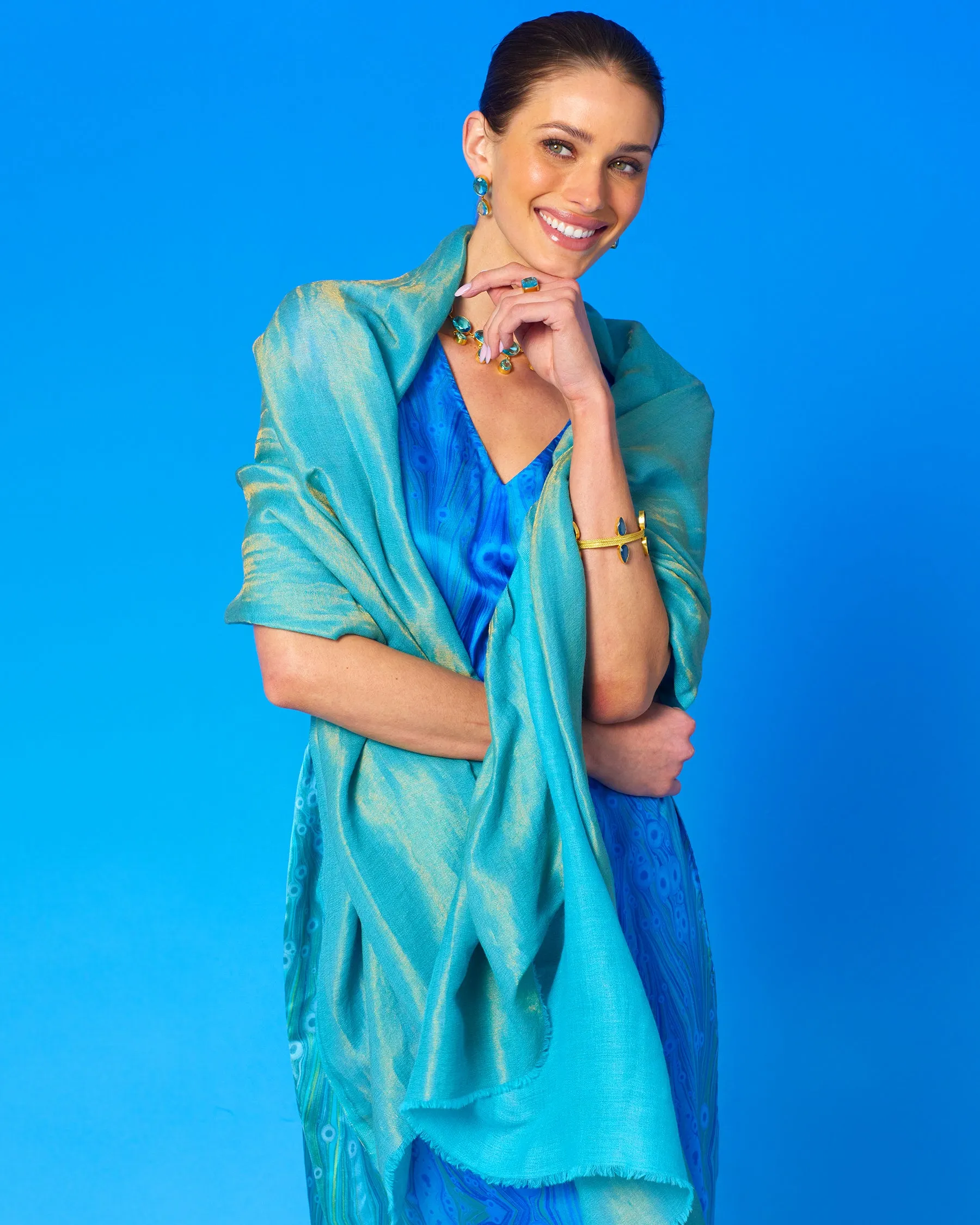 Josephine Reversible Pashmina Shawl in Gold Shimmer Turquoise