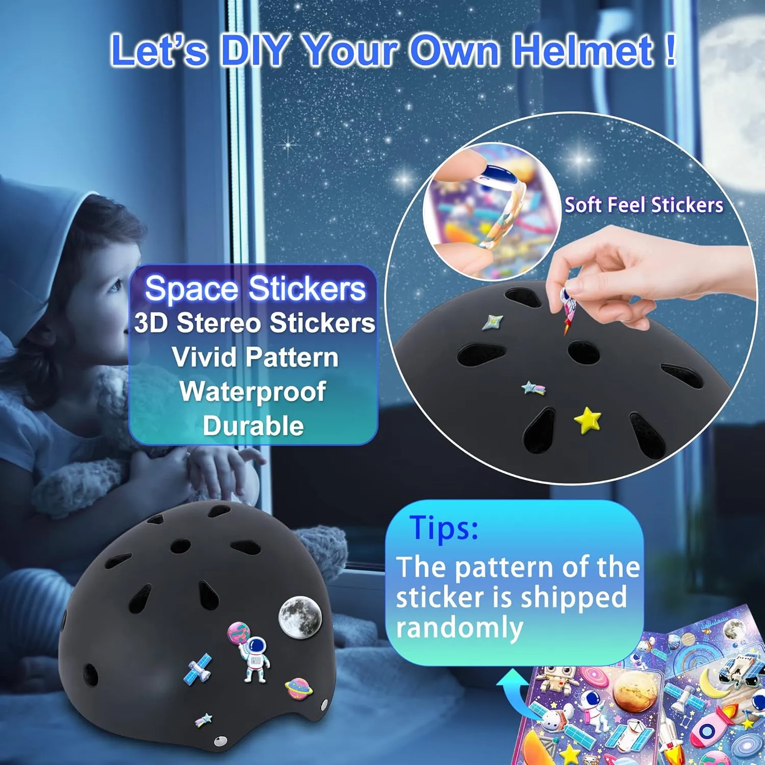 Kids Bike Helmet with DIY Stickers and Knee Pads Elbow Pads Wrist Guard Set for Ages 3-5-8 Toddler Boys Girls Helmet for Roller Skates Cycling Skateboarding Bicycle Scooter
