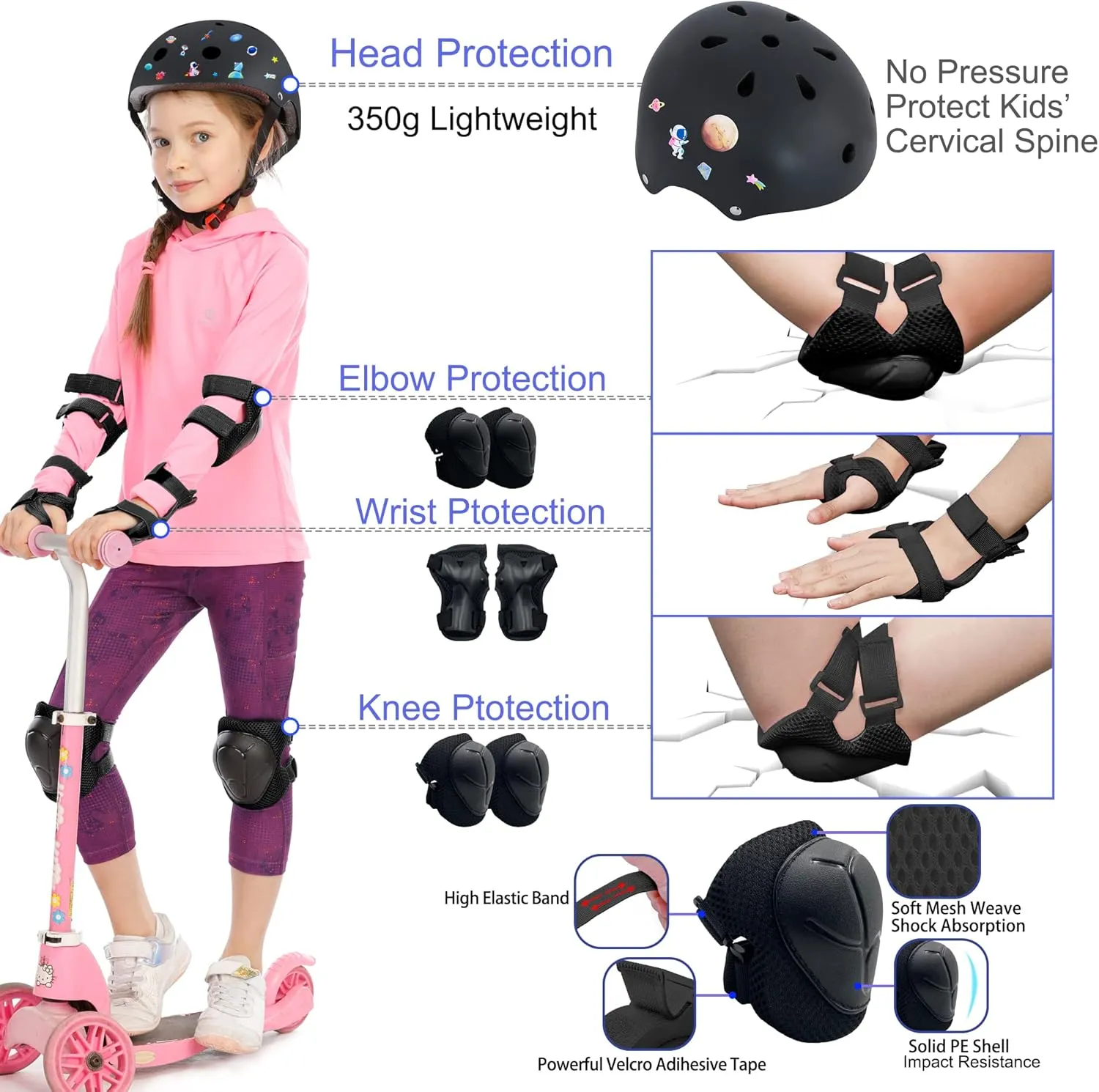 Kids Bike Helmet with DIY Stickers and Knee Pads Elbow Pads Wrist Guard Set for Ages 3-5-8 Toddler Boys Girls Helmet for Roller Skates Cycling Skateboarding Bicycle Scooter