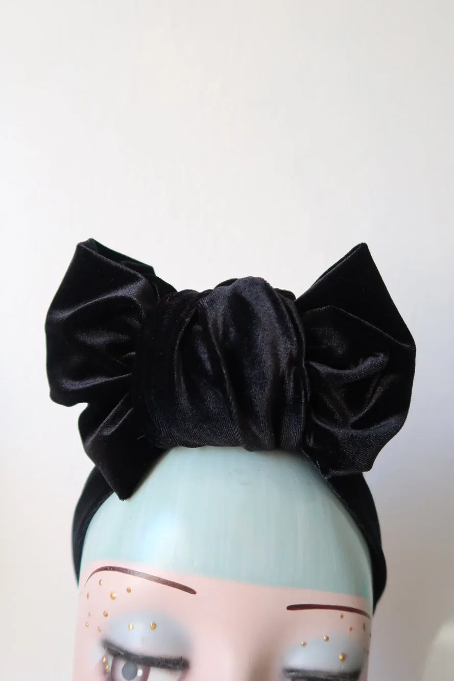 Made To Order: WORKWEAR KNOT Velvet Pre-tied Stretchy 1940s Style Turban (Full Coverage) in in Black, Claret, Bottle Green & Dusky Pink