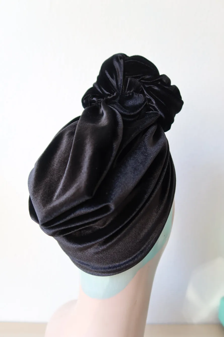 Made To Order: WORKWEAR KNOT Velvet Pre-tied Stretchy 1940s Style Turban (Full Coverage) in in Black, Claret, Bottle Green & Dusky Pink