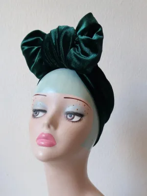 Made To Order: WORKWEAR KNOT Velvet Pre-tied Stretchy 1940s Style Turban (Full Coverage) in in Black, Claret, Bottle Green & Dusky Pink