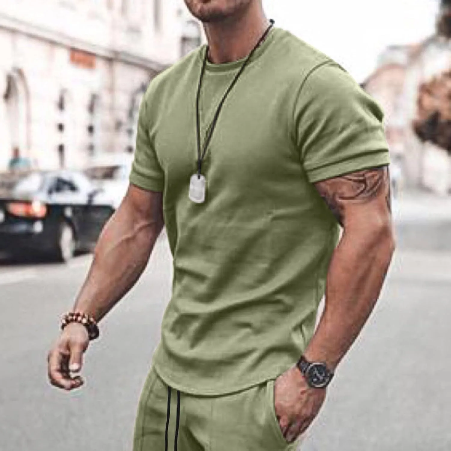 Mens Casual 2 Piece Outfits Summer Fashion Gradient Color Short Sleeve Athletic Shirt and Drawstring Shorts Sweatsuit