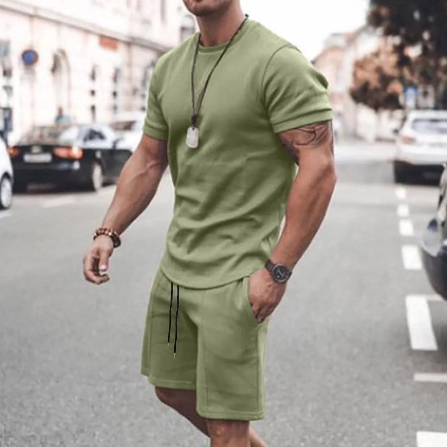 Mens Casual 2 Piece Outfits Summer Fashion Gradient Color Short Sleeve Athletic Shirt and Drawstring Shorts Sweatsuit