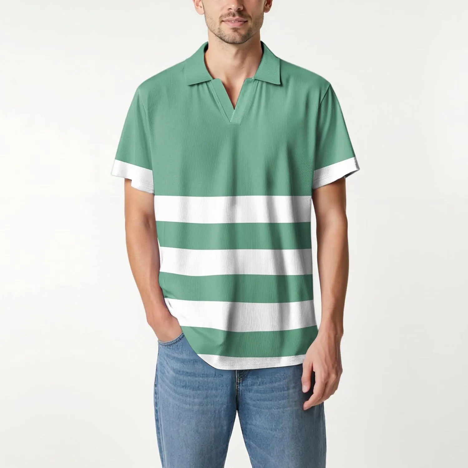 Men's Polo Shirts Short Sleeve V Neck Vintage Striped Casual Golf Polo Classic Collared T Shirts