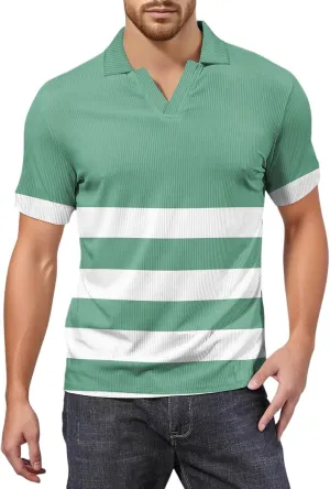 Men's Polo Shirts Short Sleeve V Neck Vintage Striped Casual Golf Polo Classic Collared T Shirts