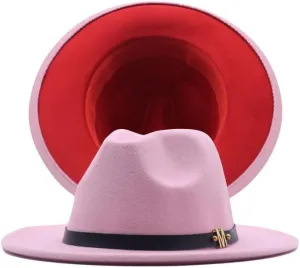 NC Two-Colors Patchwork Fedora Hats with M Leather Band Women Party Felted Bowler Cap Casual Men Wide Brim Church Fedoras (Pink and red), 7 1/4