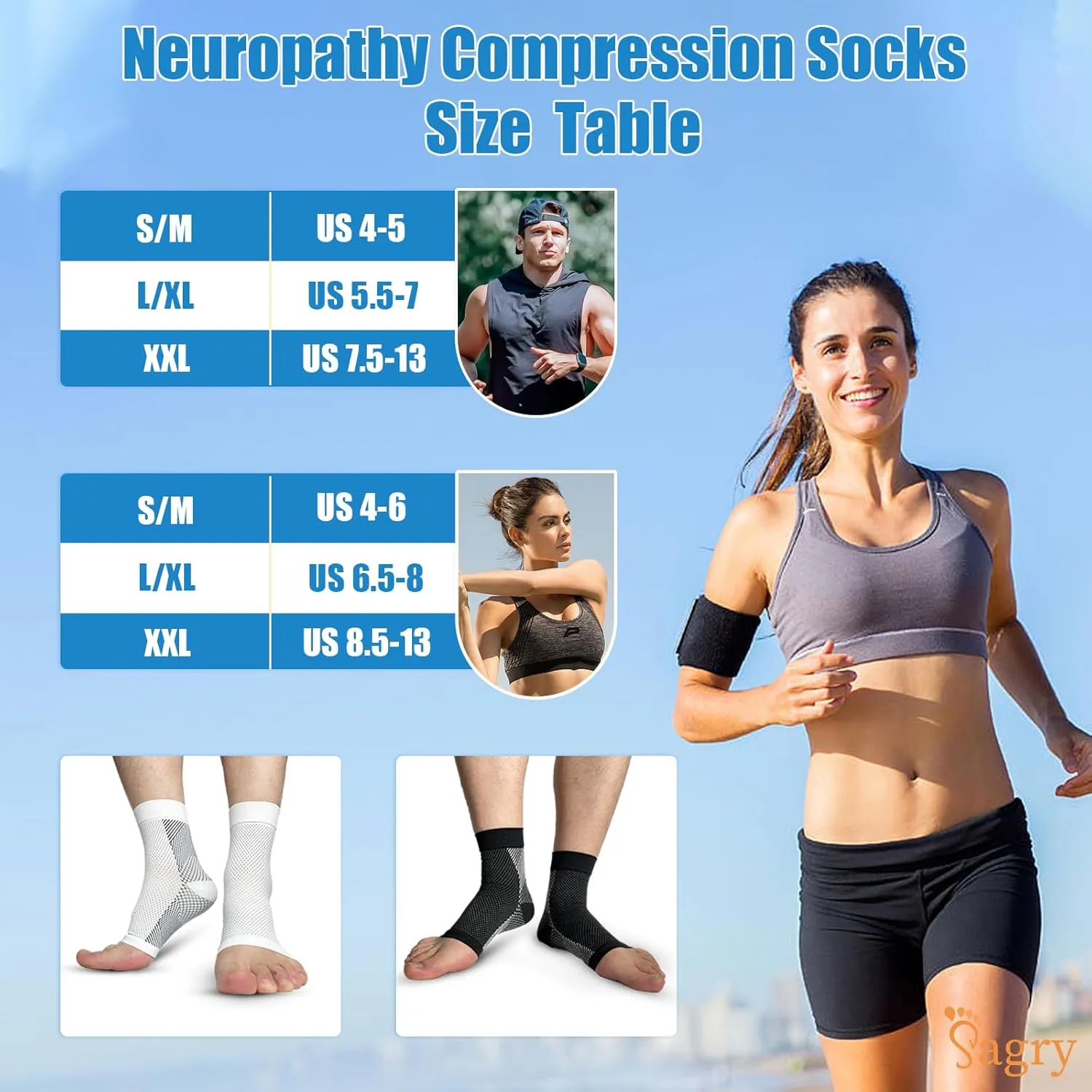 Neuropathy Socks, Plantar Fasciitis Compression Socks, 20-30 mmHg Ankle Compression Sleeve with Foot, Ankle, Arch Support for Plantar Fasciitis, Heel Pain, Foot Swelling & Fatigue (White, S/M)